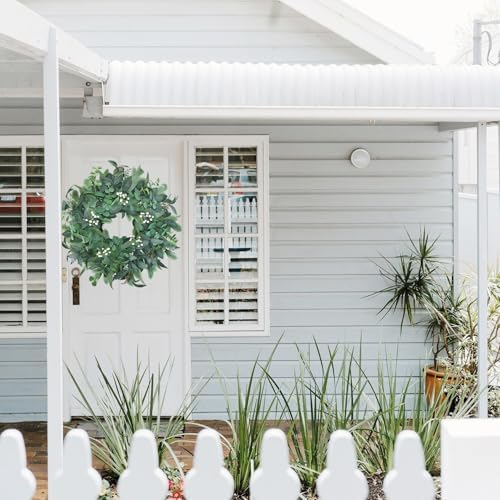 24"-26“ Green Eucalyptus Wreaths for Front Door with White Berries – Lifelike Spring, Summer, and Winter Wreath for Farmhouse Front Porch, Window, Door Decor