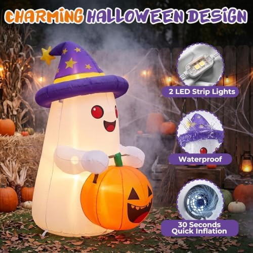 5 FT Halloween Inflatables Decor, Cute Inflatable Ghost with Pumpkin, Built-in 2 LEDs for Halloween Garden, Patios & Indoor Parties Party Decoration