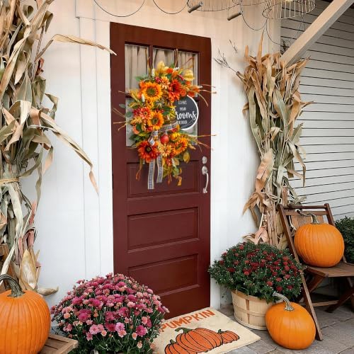 Fall Wreaths for Front Door 24 Inch Outside, Autumn Rustic Sunflower Wreath