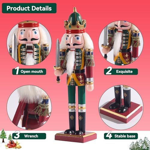 12-Inch Christmas Nutcracker Figurines, Set of 2 Traditional Wooden King & Soldier with Sword & Spear, Handcrafted Standing Holiday Decorations for Fireplace, Shelf, or Tabletop Display