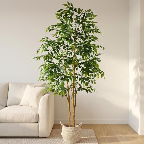 Warmplants Artificial Ficus Tree 7ft Fake Floor Plant with Woven Basket