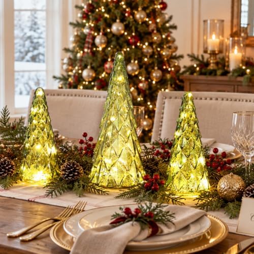 Christmas Decorations Indoor, YEAHOME Set of 3 Pre-lit Green Glass Christmas Tree for Home Decor, Christmas Table Decorations Lighted Xmas Tree with Timer for Living Room Mantel Tabletop Party