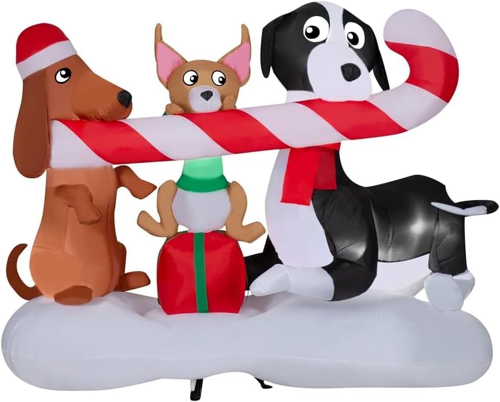 Gemmy Christmas Inflatable Dogs Sharing a Candy Cane Scene, 4.5 ft Tall, Multi