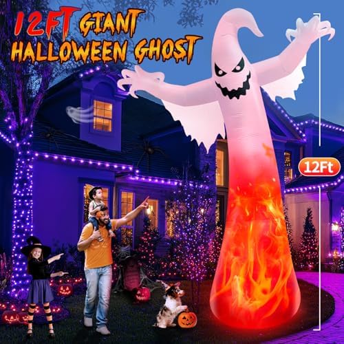 12FT Giant Halloween Inflatables Ghost with 3-Colored Flame Rotation Light