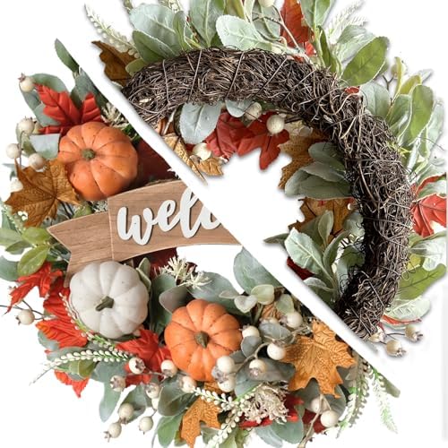24 Inch Fall Pumpkin Maple Leaves for Front Door, Autumn White Orange Pumpkin Greenery Leaves Wreath for Indoor Outdoor, Welcome Sign Pumpkin Wreath
