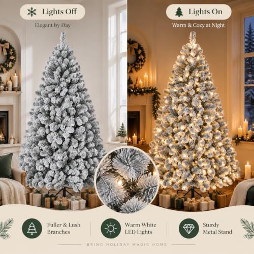Garvee 6 FT Christmas Tree, Prelit Artificial Christmas Tree with 250 Warm White Lights, Realistic Flocked Material, Metal Hinges, Foldable Stand, on/Off Foot Pedal, Holiday Decoration, Green & White