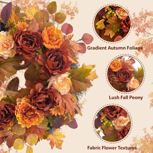 26Inch Full Fall Wreaths for Front Door Outside, Peony Hydrangea Wreath, Large Autumn Wreath for Home Porch, Fall Wreath for Porch Thanksgiving & Harvest Decor
