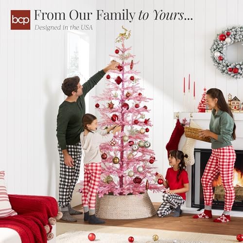 Best Choice Products Pre-Lit Sparse Christmas Tree 4.5ft Artificial Flocked Pine Holiday Décor Aspen Noble Fir White & Multicolor LED Lights- Pink