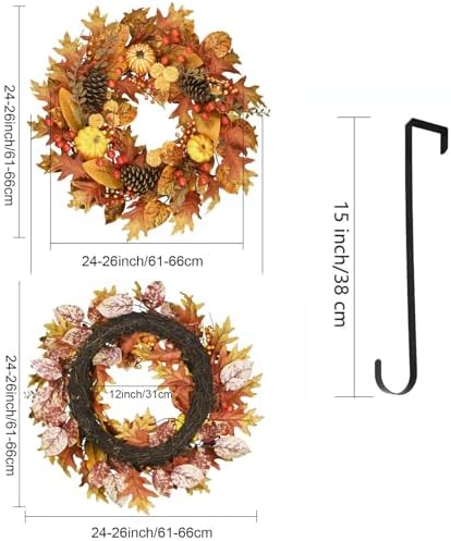 24 Inch Fall Wreath for Front Door, Pumpkin Berry Maple Leaf Autumn Decor