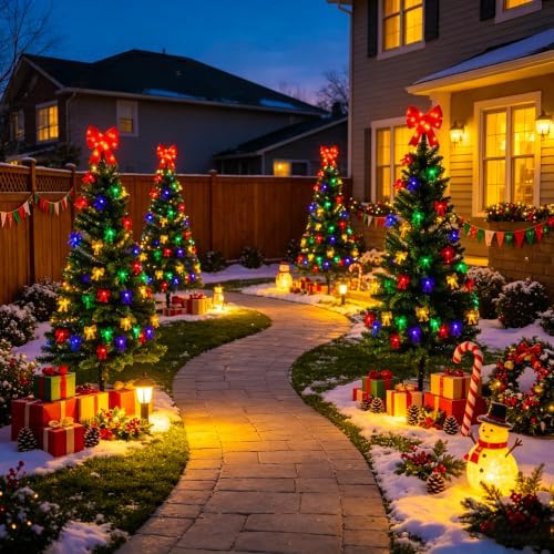 4FT Solar Christmas Tree with Bow Lights for Outdoor Christmas Decorations