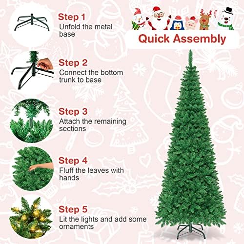Goplus 7.5ft Prelit Pencil Christmas Tree, Premium Hinged Fir Tree, with Warm White LED Lights and Solid Metal Stand, Easy Assemble, Ideal Artificial Xmas Tree for Home and Office