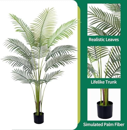 Artificial Golden Cane Palm Tree 5Feet Faux Plant for Home Decor Indoor Outdoor Faux Areca Palm Tree in Pot for Home Office Perfect Housewarming Gift with Adjustable Trunk