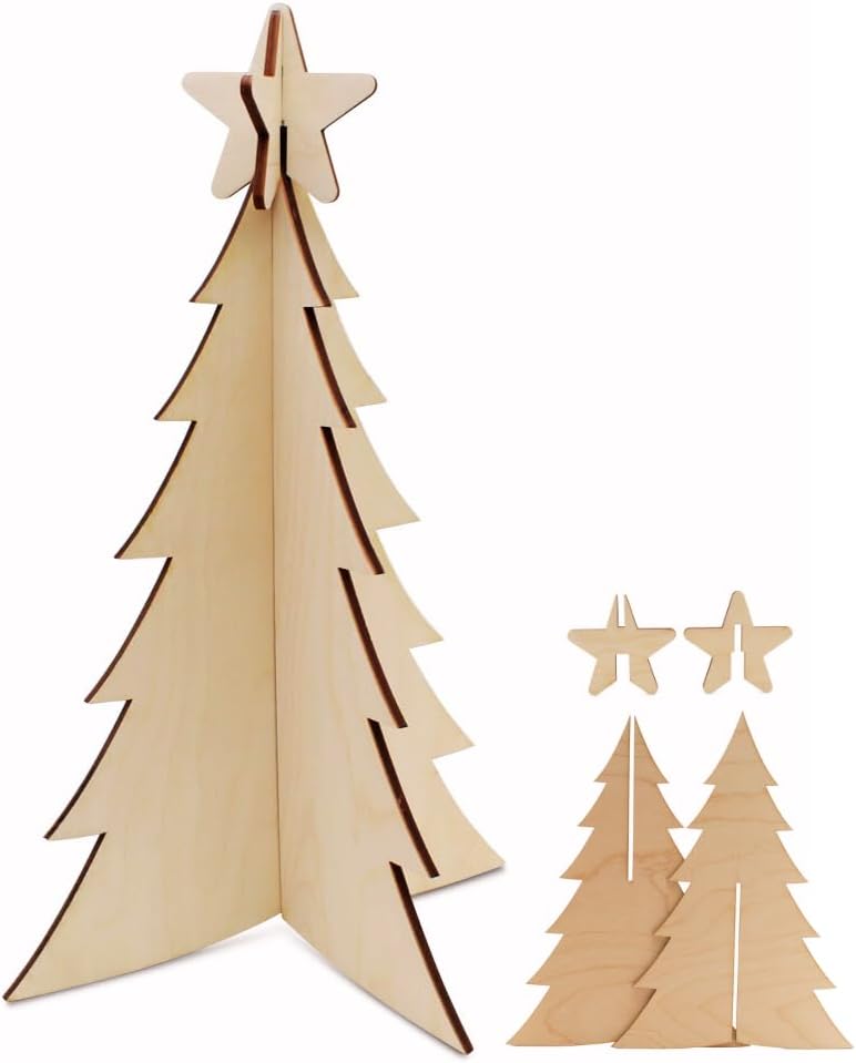 Wooden Christmas Tree, 36 Inch Wood Christmas Trees, Pack of 3 Christmas Wood Cutouts, Slotted 4 Piece, 3D Wooden Tree for Crafts, Party, Painting, Decor, Wood Tree Cutout, Christmas Ornaments