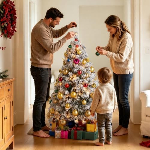 Yaheetech 4.5ft Pre-Lit Snow Flocked Artificial Christmas Tree, 100 Lights