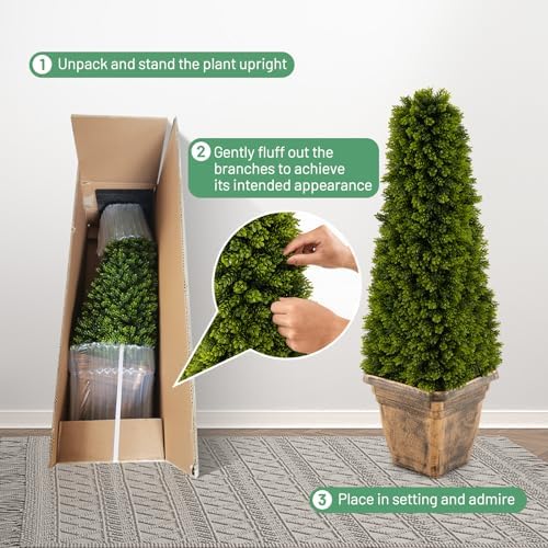 GOFLAME 3FT Artificial Boxwood Topiary Tree, Faux Boxwood Tree with Cement-Filled Pot, Fake Potted Bushes and Shrubs for Indoor & Outdoor Porch Garden Patio, No Maintenance Needed