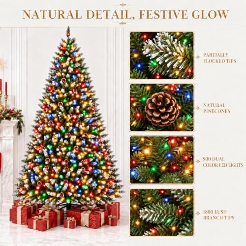 9Ft Pre-Lit Artificial Christmas Tree, 900 Dual-Color Lights, 1800 Tips