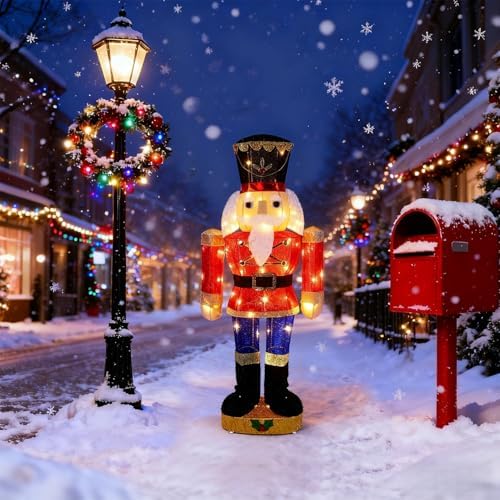 Hausse Lighted Christmas Outdoor Decor, 37.5" Height Pre-Lit 3D Tinsel Xmas Nutcracker Soldier Figure, Light Up Xmas Yard Displays, Plug in for Holiday Party New Year Winter Patio Lawn Garden
