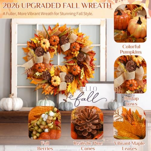 Fall Wreaths for Front Door Outside, Fall Door Wreath, 20 Inch