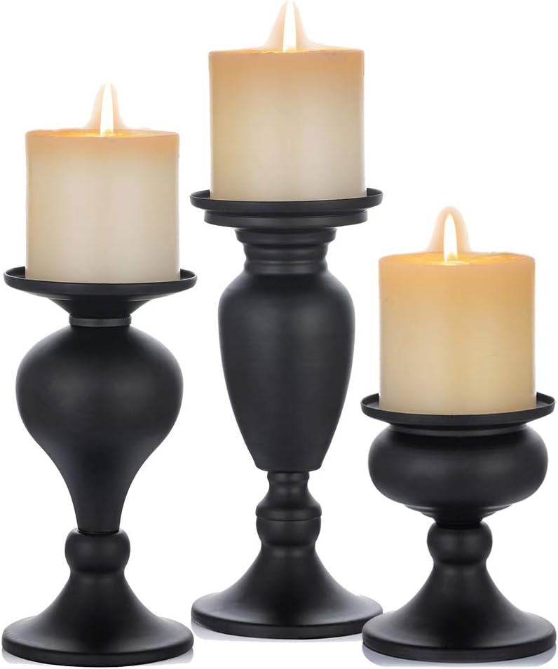 Sziqiqi Pillar Candle Holders Set of 3 Black for Table Mantle Fireplace Decor...
