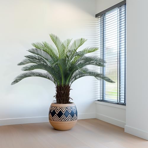 Bellacat 4ft UV Resistant Faux Sago Palm Tree with Natural & Lifelike Bark, 48in Super Full Artificial Cycad Tree with Realistic Leaves, for Home Office Patio Porch Front Door Decor.