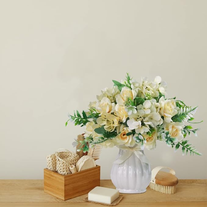 LESING Artificial Rose Silk Hydrangea Flowers Bouquets with Vase Rustic Fake Flowers for Home Decoration Table Centerpiece (Champagne)