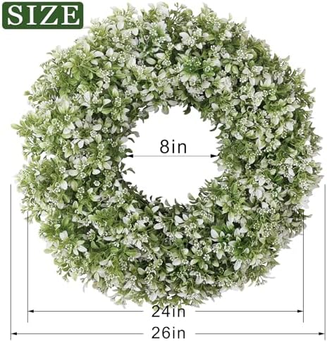 26" Large Artificial Boxwood Wreath for Front Door Decoration (White-Green)