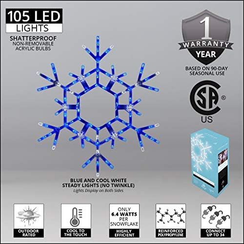 Kringle Traditions Christmas Snowflake Lights Outdoor, 105 LED 36" Folding Blue & White Snowflake Hanging Light, Weather-Resistant Christmas Decoration for Yard, Window, Porch, or Eave