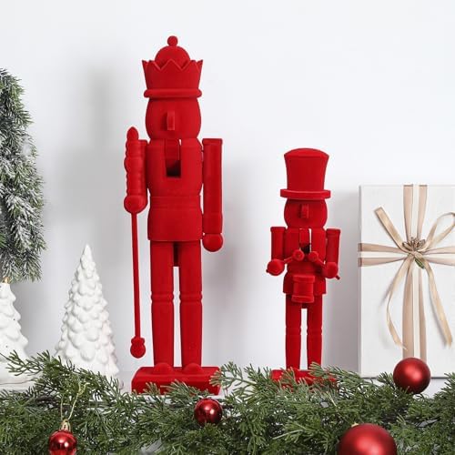 2pc Christmas Nutcracker Figures, Red, Wooden+Velvet