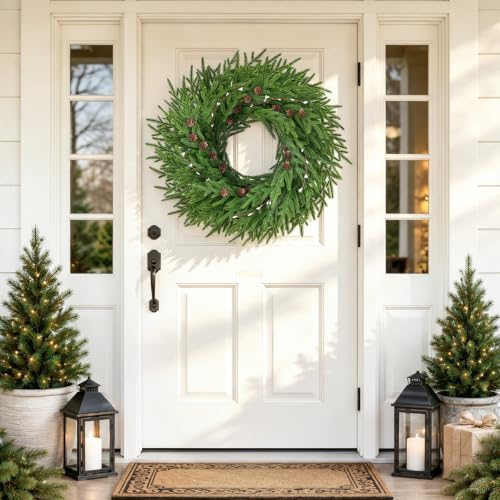 2 Pack 26'' Christmas Wreath with Lights for Front Door Norfolk Pine Wreath