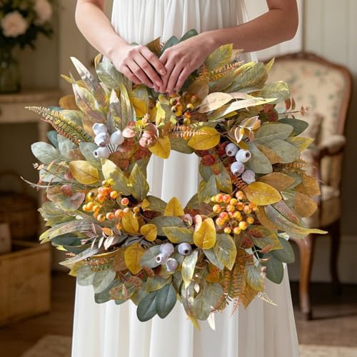 WANNA-CUL 22 Inch Eucalyptus Fall Front Door Wreath Harvest Farmhouse Decor