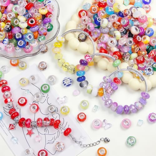 500 Pcs European Craft Beads Large Hole Spacer Beads, Assorted European Craft Bead White Rhinestone Lampwork Beads Large Hole Spacer Bead for DIY Charms Bracelet Necklace Jewelry Making Supplies