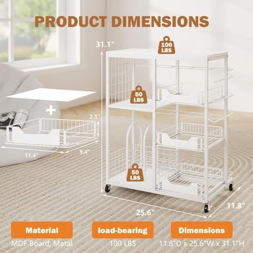 Wrapping Paper Organizer Storage with Wheels, Rolling Gift Wrap Cart with Ribbon and Gift Bag Storage, Craft Organization with 20 Roll Holders and 3 Drawers, White