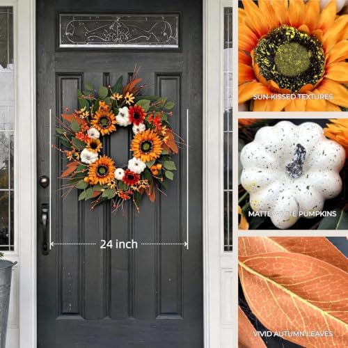 24 Inch Fall Front Door Wreath, White Pumpkins, Sunflower, Eucalyptus