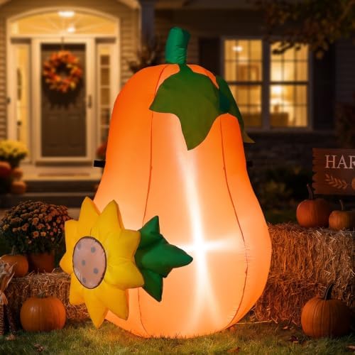 4FT Fall Harvest Inflatable Pear‑Shaped Pumpkin with Sunflower & LED