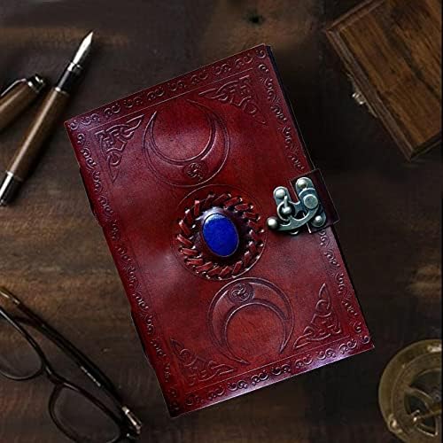 cuero 3 Moon Blue Lapiz Embossed Vintage Leather Journal for Men & Women - 140 Pages, Antique Handmade Deckle Edge Vintage Paper, Leather Journal Writing Notebook Dairy Gift (7 inch by 10 inch, Brown)