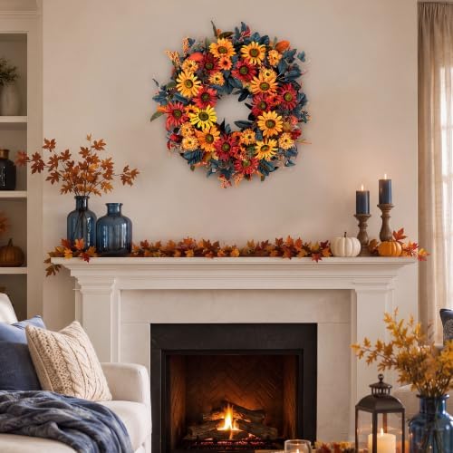 BLOSMON 24in Fall Wreaths for Front Door, Sunflower Fall Wreath with Hanger