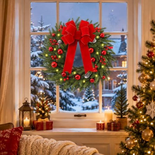 24'' Christmas Wreath with Lights, Christmas Norfolk Wreaths for Front Door