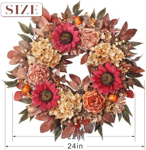 24"Fall Artificial Wreath with Sunflower Peony for Front Door Decor(Orange)
