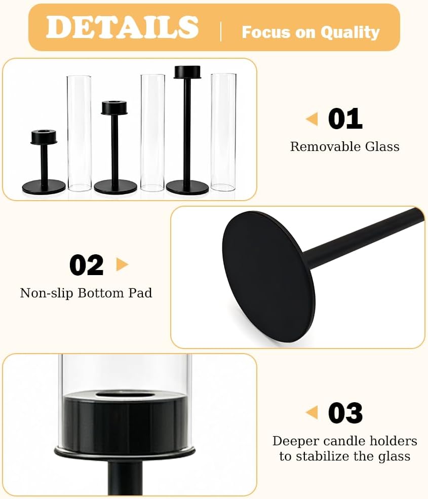 Black Taper Candle Holders Set of 6, Glass Hurricane Candlestick Holders