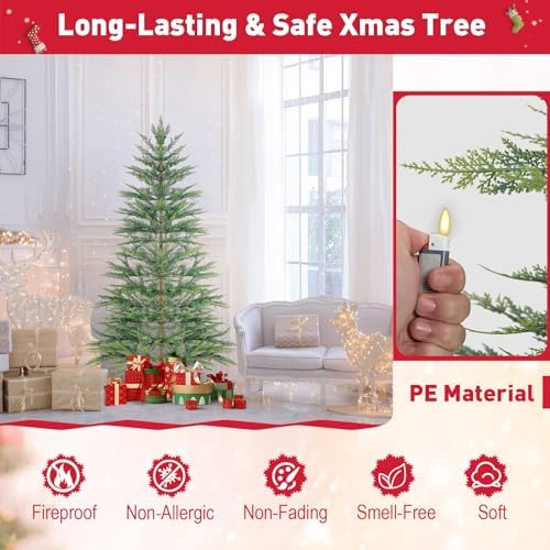 GOFLAME 6.5FT Pre-Lit Christmas Tree with Faux Cypress Leaves, Hinged Artificial Xmas Tree with 470 PE Branch Tips & 430 Warm White LED Lights, Holiday Decoration Tree with Auto Timer