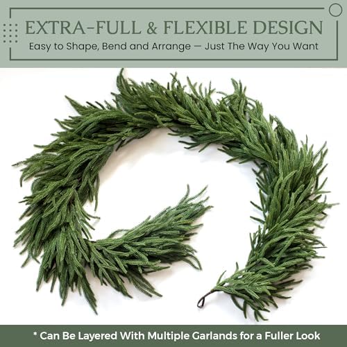 Extra Full 6 ft Real Touch Norfolk Pine Garland Realistic 6ft, Christmas Garland for Mantle, Soft and Bendable Real Touch Garland Christmas Greenery, Evergreen Christmas Garlands for Fireplace, Stairs
