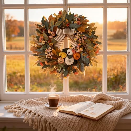 HipTree 24 Inch Fall Wreath for Front Door,Pumpkin Wreath Farmhouse Decor