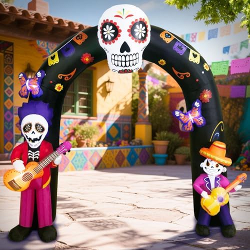 DomKom 8FT Halloween Inflatable Blow Up Decorations Archway, Day of the Dead Inflatable Arch, Dia De Los Muertos Yard Decorations, Sugar Skull Guitar Skeleton, Built‑in LED Lights, Outdoor Lawn Garden