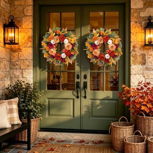 24 Inch Fall Wreaths for Front Door with Orange Peony and Burgundy Dahlias