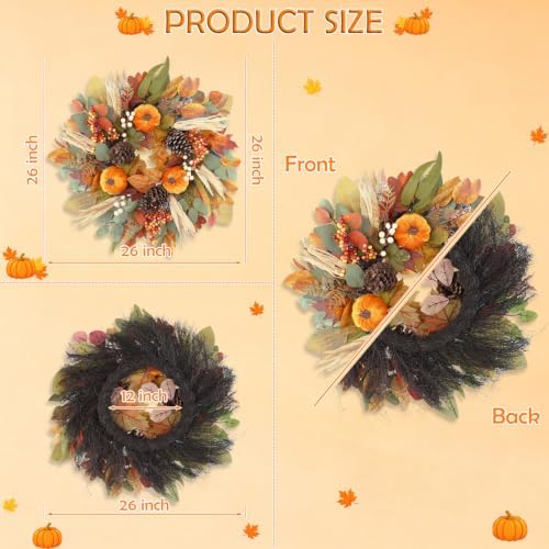 26 Inch Fall Wreaths for Front Door, Autumn Harvest Wreath, Large Autumn Wreath with Pumpkin, Pinecones and Berries, Fall Wreath for Thanksgiving & Harvest Fall Door Decor