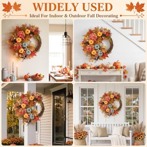 Fall Wreaths for Front Door, Artificial Pumpkin Hydrangea Autumn Wreath