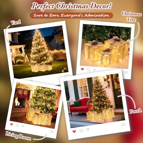 Brightever 10" 8" 6" Set of 3 Christmas Lighted Gift Boxes - Pre-lit 70 LED Plug-in Larger Present Boxes Outdoor Christmas Decorations, Warm White Prelit Xmas Ornaments for Tree Porch Yard Lawn Decor