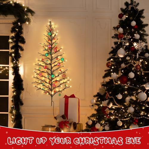 5 FT 144 LED Lighted Wall Christmas Tree with Decorative Balls, 8 Light Modes Plug in Half Christmas Tree, Hanging Flat Mounted Trees for Holiday Apartment Room(Black, Red and Green)