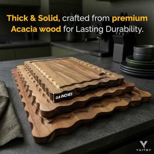 Scalloped Acacia Cutting Board Set of 3- Wooden Cutting Boards for Kitchen, Decorative Shaped Wood Serving Tray for Bread, Cheese & Charcuterie, Wreath Style - Small, Medium, and Large Size