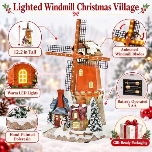 MOMENTS IN TIME Lighted Windmill Christmas Village Building LED Lights & Animation 12.2” Handcrafted House Battery Operated Holiday Decoration Gift Wrapped Ready